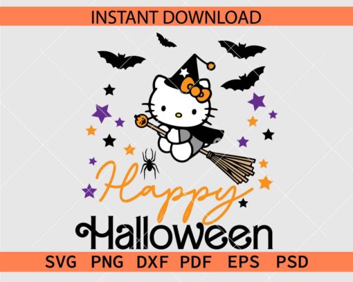 Happy Halloween Flying Kitty Ghost SVG, Hello Kitty with Witch Hat Riding Broom SVG
