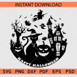 Happy Halloween scene SVG, Witch Cat Ghost Riding Broom Halloween Scene SVG