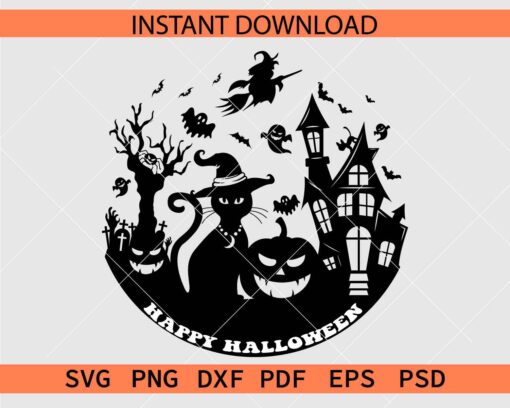 Happy Halloween scene SVG, Witch Cat Ghost Riding Broom Halloween Scene SVG