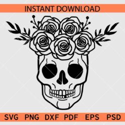 Happy Skull with Floral Crown SVG, Halloween Floral Skull Stencil SVG