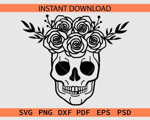 Happy Skull with Floral Crown SVG, Halloween Floral Skull Stencil SVG