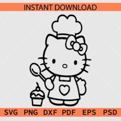 Hello Kitty Chef Coloring Page SVG, Kitten with Chef Hat Outline SVG