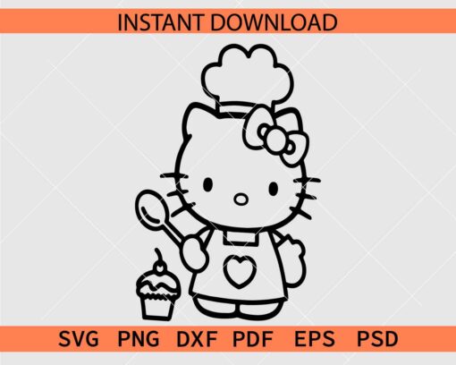 Hello Kitty Chef Coloring Page SVG, Kitten with Chef Hat Outline SVG
