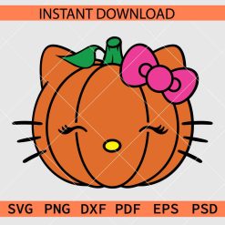 Hello Kitty Pumpkin Closing Eyes SVG, Halloween Kitty Pumpkin with Bow Drawing SVG