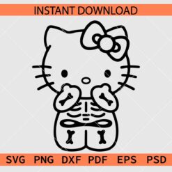 Hello Kitty Skeleton Sketch SVG, Halloween Skeleton Kitten Coloring Page SVG
