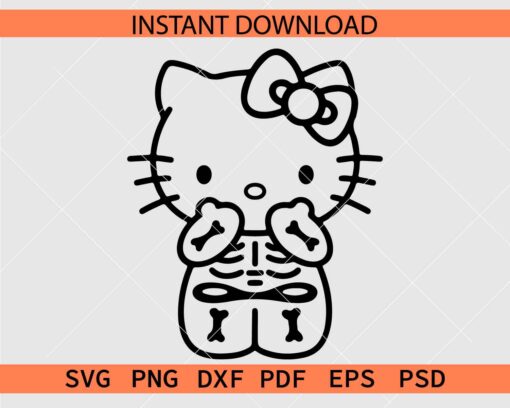 Hello Kitty Skeleton Sketch SVG, Halloween Skeleton Kitten Coloring Page SVG