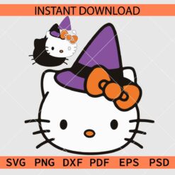 Hello Kitty Witch Hat SVG, Halloween Kitten with witch Hat Stencil SVG