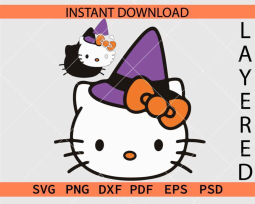 Hello Kitty Witch Hat SVG, Halloween Kitten with witch Hat Stencil SVG