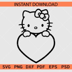 Hello Kitty with Heart Coloring Page SVG, Valentine Kitten Sketch SVG