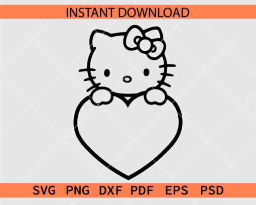 Hello Kitty with Heart Coloring Page SVG, Valentine Kitten Sketch SVG