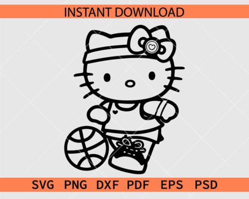 Hello Kitty with basketball Ball Coloring Page SVG, Basketball Kitty SVG