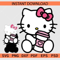 Hello kitty with coffee cup Stencil SVG, Hello kitty with Tumbler Décor SVG