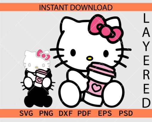 Hello kitty with coffee cup Stencil SVG, Hello kitty with Tumbler Décor SVG