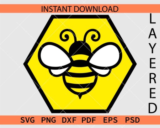 Honey Bee SVG Vector SVG, Layered Bee inside Hexagon Clipart SVG