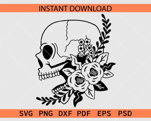 Laughing Skull Flowers SVG, Screaming Skull with Flowers Clip Art SVG
