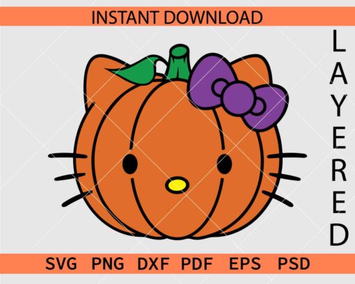 Layered Kitten Face Pumpkin Vector SVG, Pumpkin Cat Face with Bow Stencil SVG