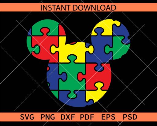 Layered Mickey Mouse head Autism Puzzle Décor SVG, Mickey Ears Autism Puzzle Clip Art SVG