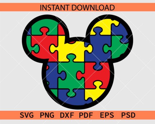 Layered Mickey Mouse head Autism Puzzle Décor SVG, Mickey Ears Autism Puzzle Clip Art SVG