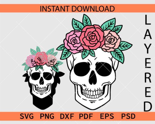 Layered Skull with Rose flower crown SVG, Colored rose flower Skull SVG