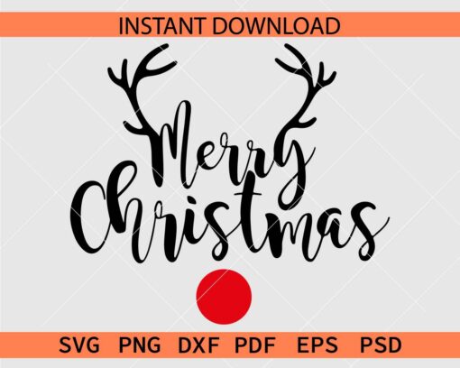 Merry Christmas Deer Antlers Red Nose SVG