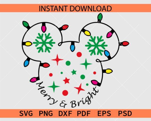 Mickey Head Christmas Lights Merry and Bright SVG