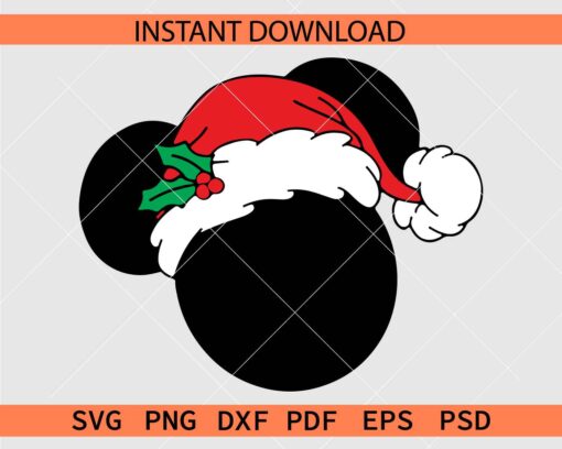 Mickey Head with Santa Hat Illustration SVG, Santa Mickey Head Mistletoe Stencil SVG