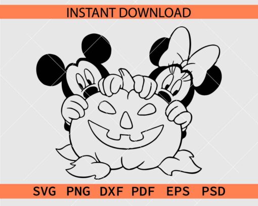 Mickey and Minnie Peeking on Halloween Pumpkin Sketch SVG