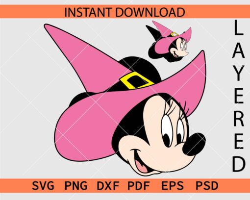 Minnie Mouse with Witch Hat Layered SVG, Witch Minnie Head Décor SVG