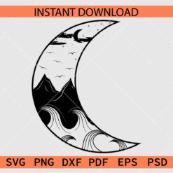 Mountain Night Scene inside Crescent Moon Clip Art SVG