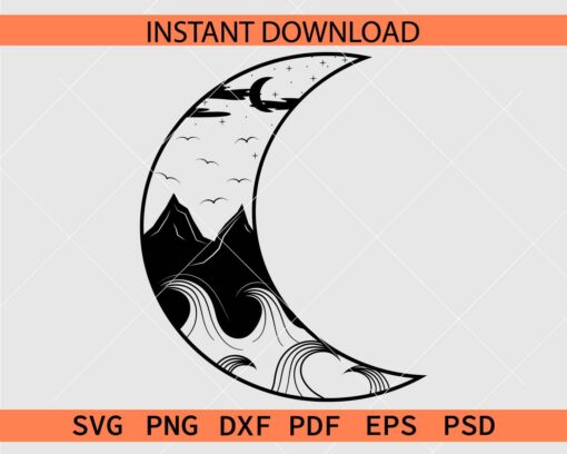 Mountain Night Scene inside Crescent Moon Clip Art SVG