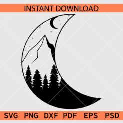 Mountain and forest inside Crescent Moon at night SVG