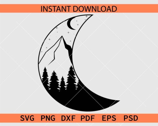 Mountain and forest inside Crescent Moon at night SVG