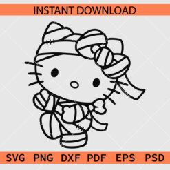 Mummy Kitten with Bow Coloring Page SVG, Halloween Mummy Kitten Line Art SVG