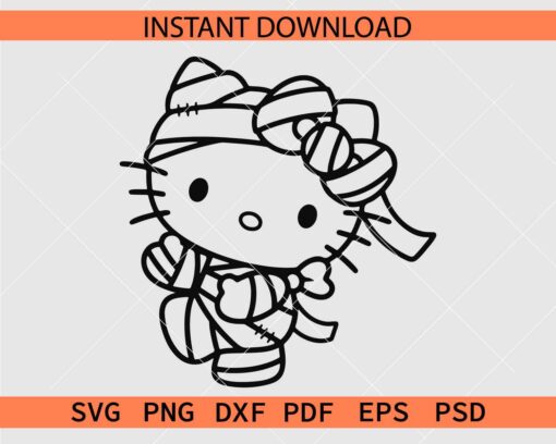 Mummy Kitten with Bow Coloring Page SVG, Halloween Mummy Kitten Line Art SVG