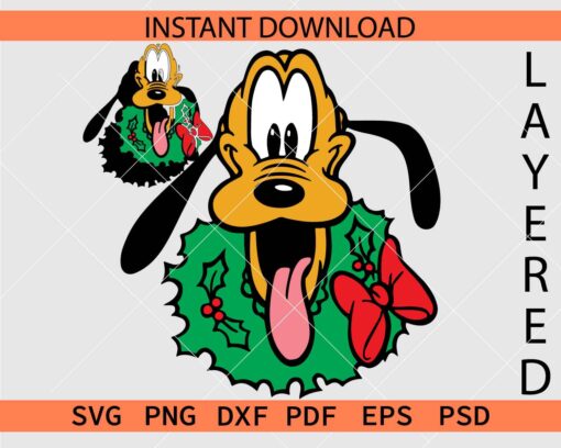 Pluto with Mistletoe Wreath Vector SVG, Layered Christmas Pluto SVG