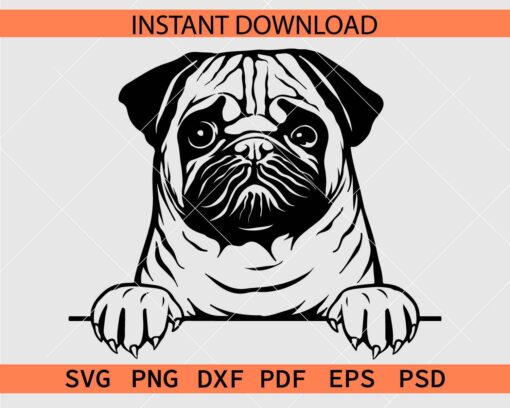 Pug Dog Peeking Clip Art SVG, Peeking Pug Dog Silhouette SVG