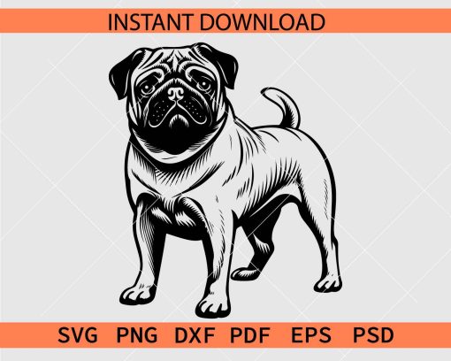 Pug dog Standing Vector SVG, Standing Pug dog Silhouette SVG