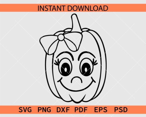 Pumpkin Face Cartoon with Bow SVG, Cartoon Pumpkin Face Coloring Page Clipart SVG