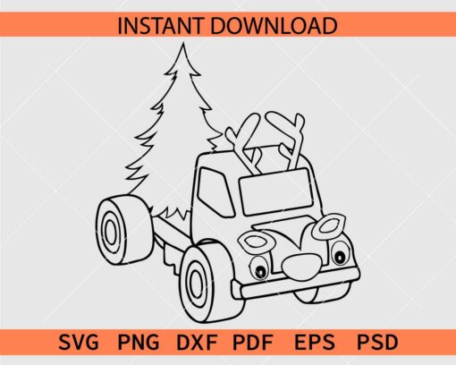 Reindeer Cartoon Truck carrying Christmas tree Coloring Page SVG