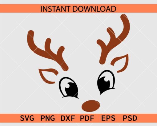 Reindeer Face with Antlers Vector SVG, Deer Face Clipart SVG