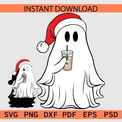 Santa Ghost Drinking Iced Coffee Vector SVG, Christmas Ghost with Coffee Décor SVG