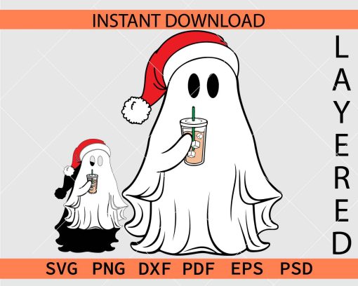 Santa Ghost Drinking Iced Coffee Vector SVG, Christmas Ghost with Coffee Décor SVG