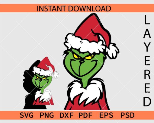  Santa Grinch Layered Clipart SVG,  Grinch with Santa Hat Vector SVG
