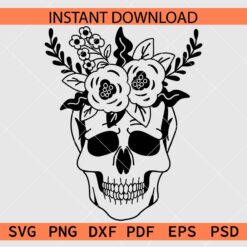 Skull with Floral Crown Laughing SVG, Halloween Skull Flowers Stencil SVG