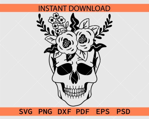Skull with Floral Crown Laughing SVG, Halloween Skull Flowers Stencil SVG