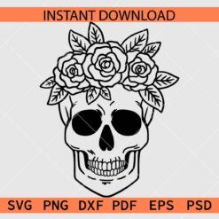 Skull with Rose flower crown SVG, Halloween Skull with Rose Flowers Crown Vector SVG