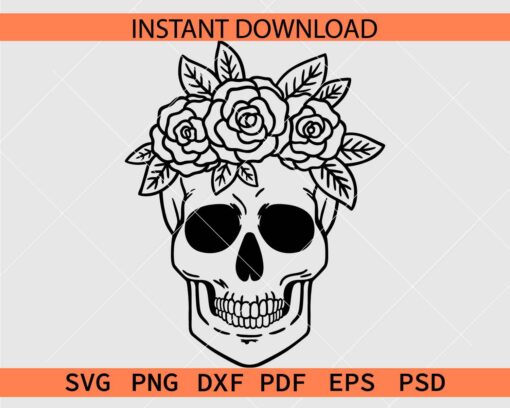 Skull with Rose flower crown SVG, Halloween Skull with Rose Flowers Crown Vector SVG