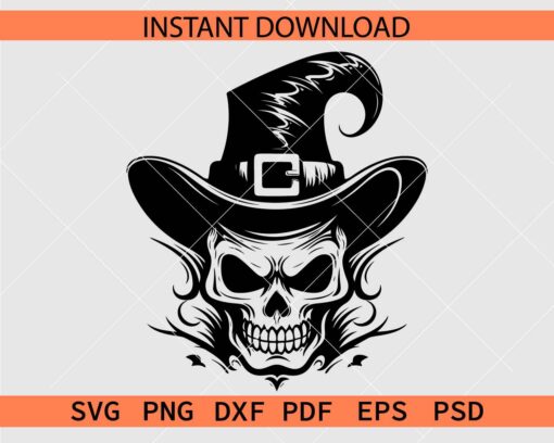 Skull with witch hat SVG, Halloween Witch Skull Laughing SVG