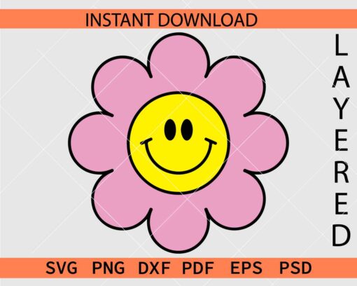 Smiley Face Daisy Layered SVG, Retro Flower Smile SVG