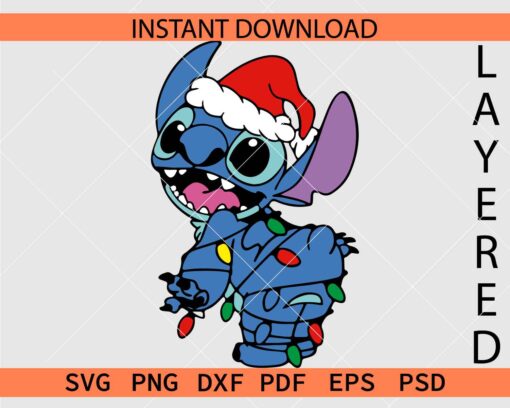 Stitch with Santa hat and Christmas Lights Vector SVG